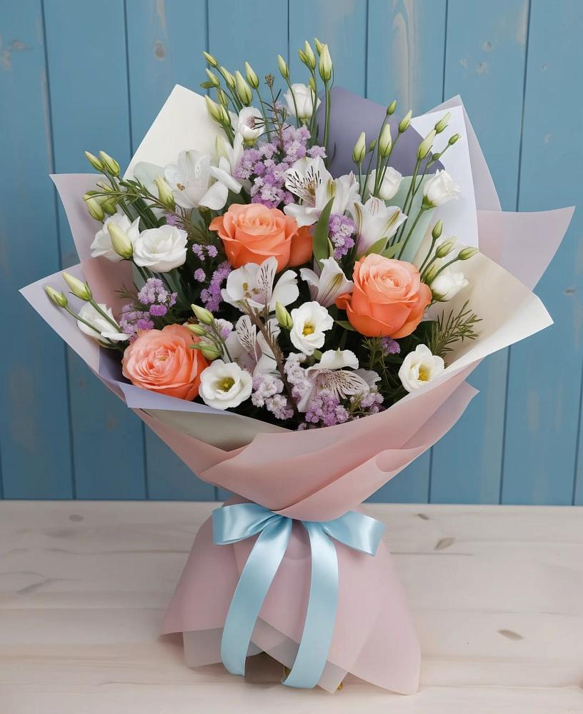 Букет цветов из: Лизиантусы, Розы, Альстромерии и Гипсофила в Бавтугае