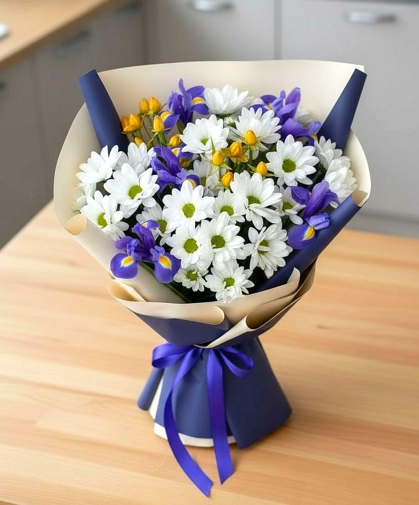 Букет цветов из: Розы, Ирисы и Хризантемы в Бавтугае